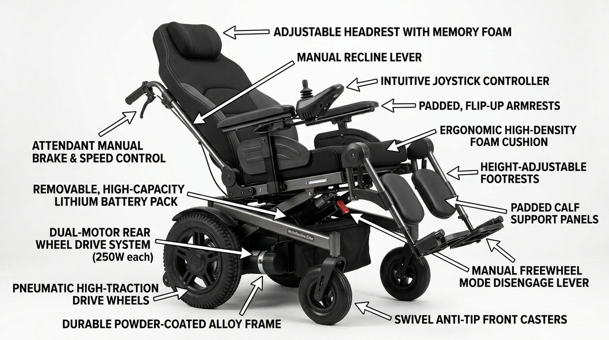 Reclining Electric Wheelchair – Heavy-Duty Motorized Power Chair with Dynamic Joystick & Adjustable Headrest