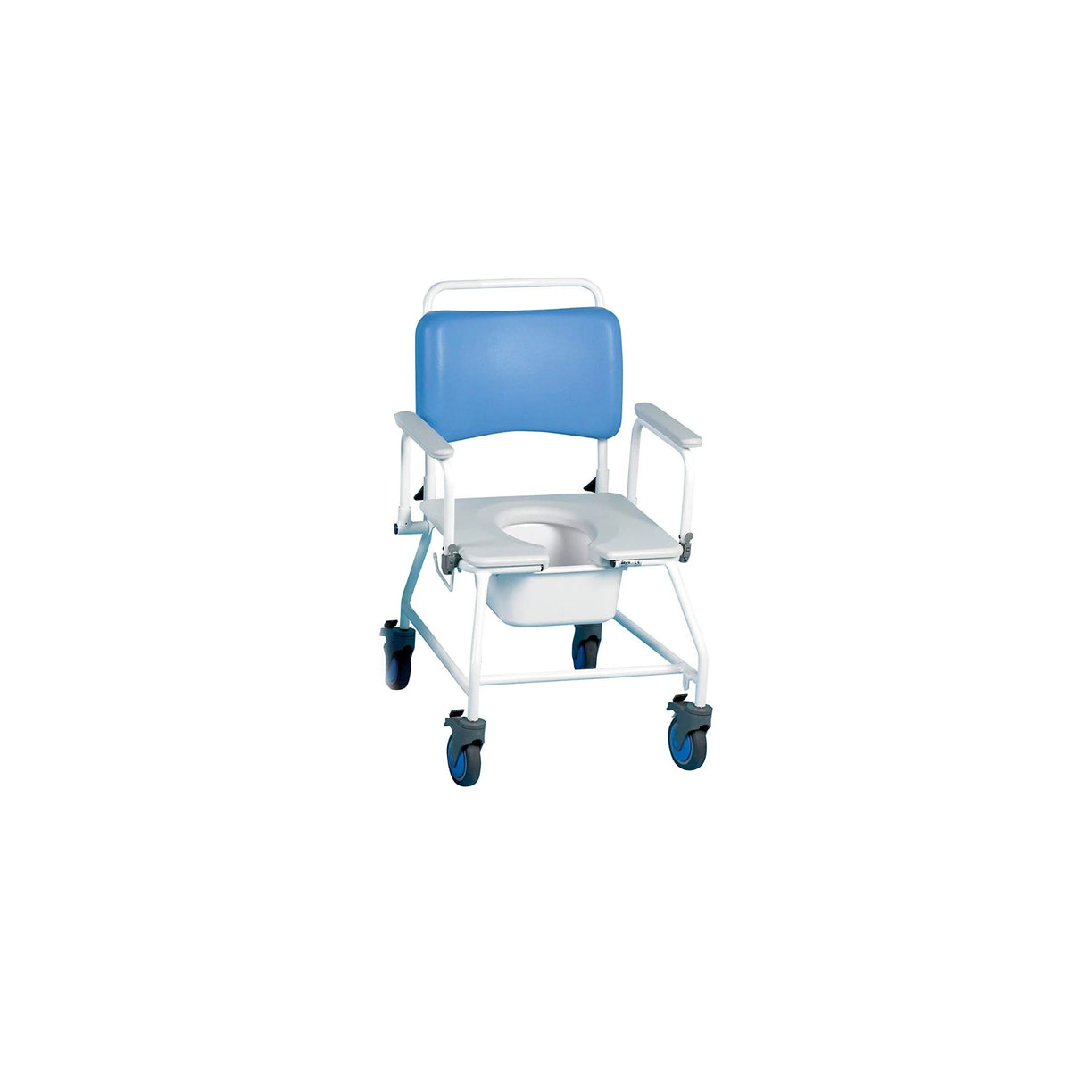 Mobile Folding Commode Chair with Lockable Wheels, Bucket, and Backrest