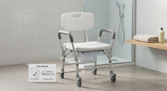 Mobile Folding Commode Chair with Lockable Wheels, Bucket, and Backrest