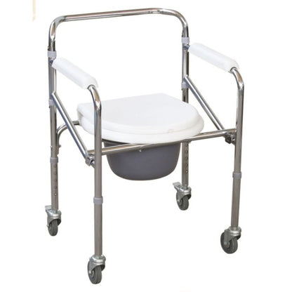 Mobile Folding Commode Chair with Lockable Wheels, Bucket, and Backrest
