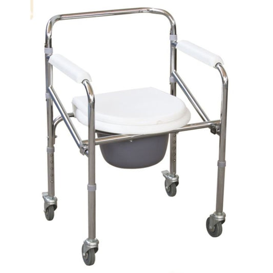 Mobile Folding Commode Chair with Lockable Wheels, Bucket, and Backrest