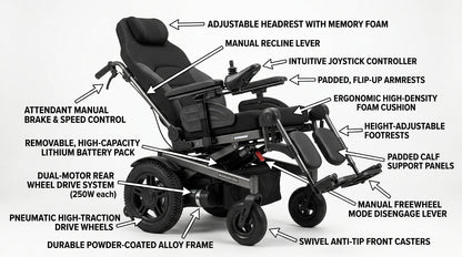Reclining Electric Wheelchair – Heavy-Duty Motorized Power Chair with Dynamic Joystick & Adjustable Headrest